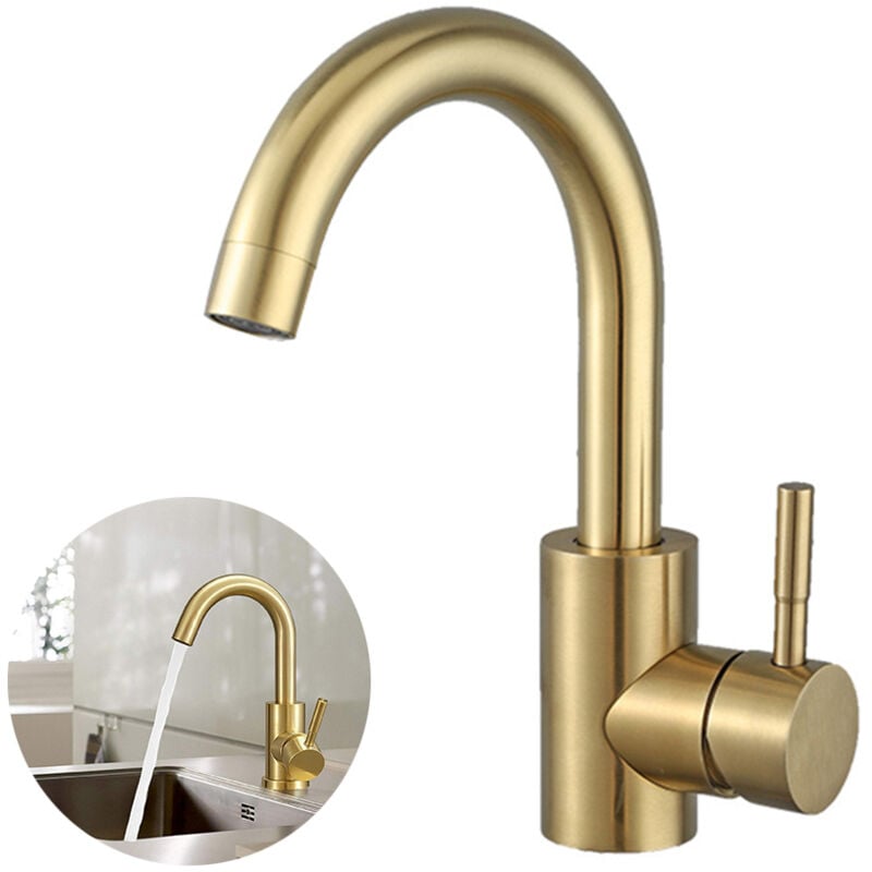 Bateria umywalkowa obrotowa 360° Złota Szczotkowana - Wysoka Wylewka do Łazienki lub Kuchni - Nowoczesny i Funkcjonalny Design