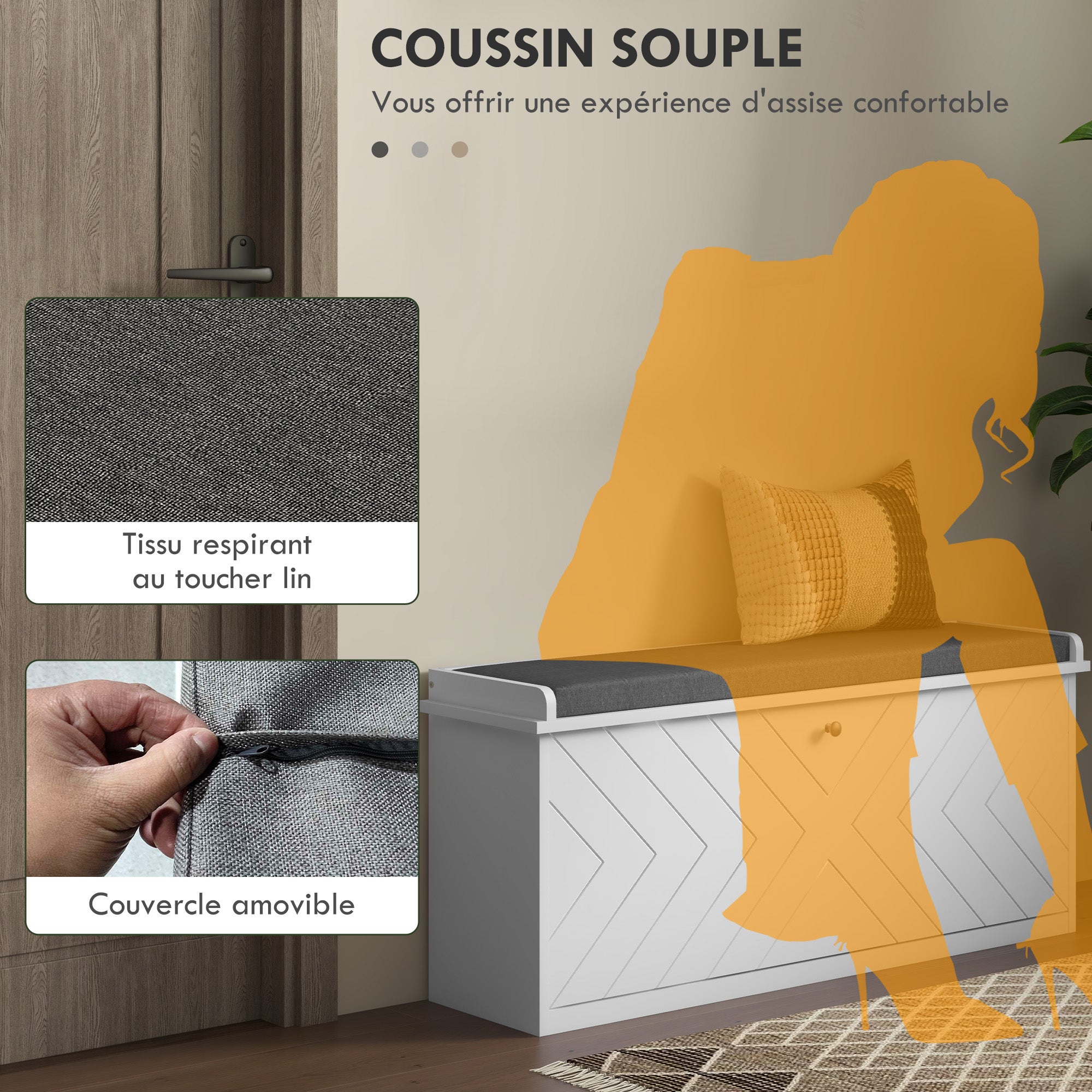 Rangement Banc à chaussures avec tiroir rabattable coussin d'assise et étagère réglable 100 x 26 x 48 cm - blanc - 9