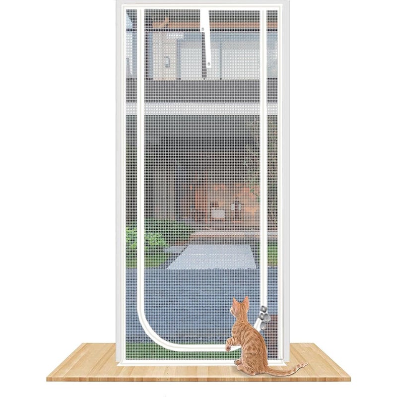 Moskitiera z zamkiem błyskawicznym, 85 x 210 cm, gruba i odporna na koty, idealna do salonu, kuchni i sypialni (w kształcie litery U, biała)