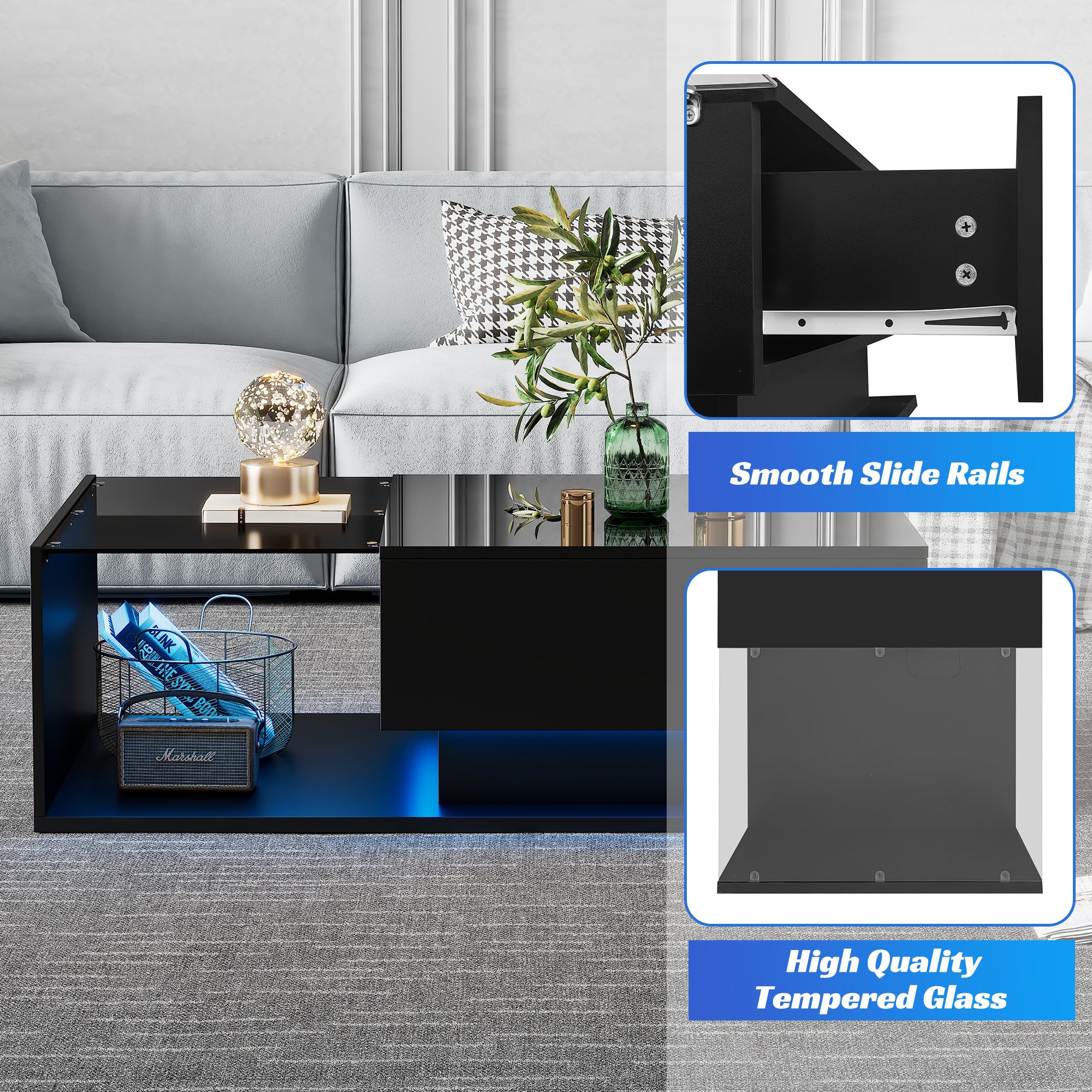 Table basse avec grand tiroir - 100x50x32 cm - LEDs - plateau en verre - Panneaux de particules - Noir brillant - 6