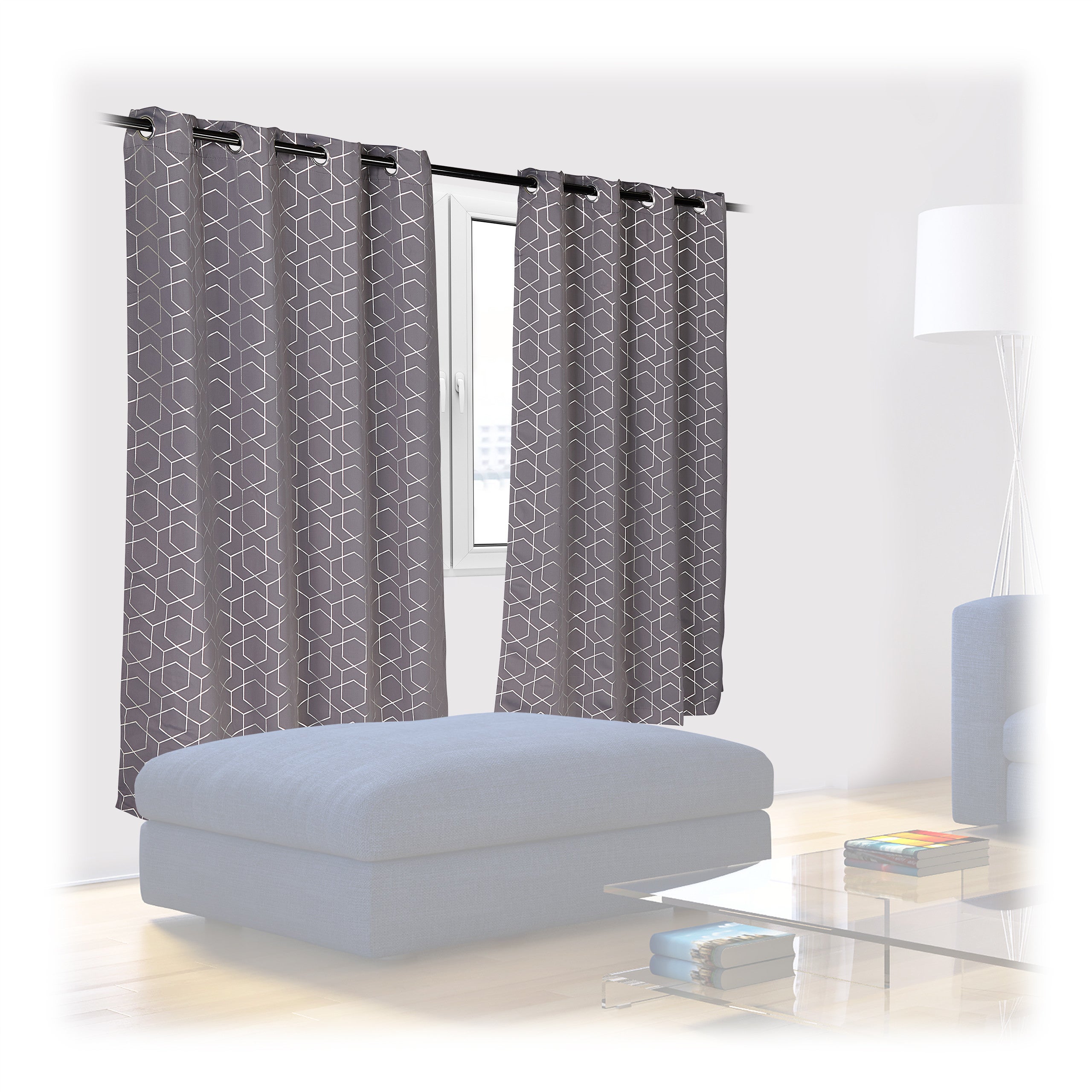 Relaxdays cortinas set 2 opacas y oscuras con ojales, 175x135 cm, sobrecortinas antiluz estampadas, gris y plateado