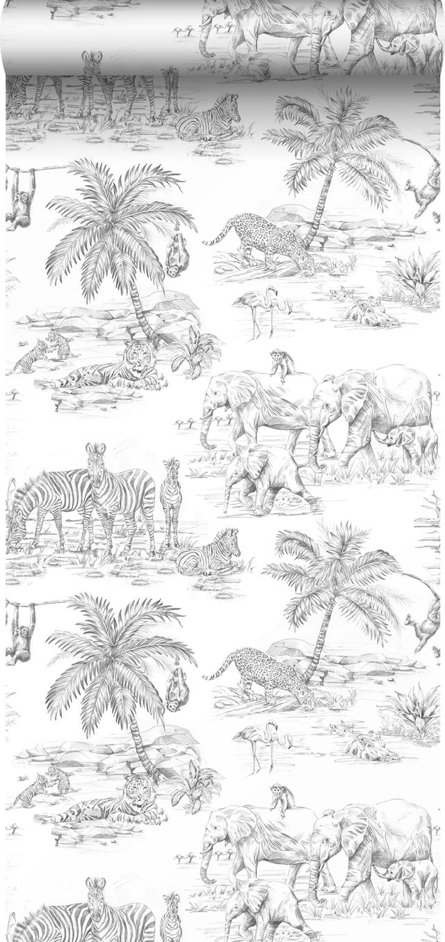 Papier peint animaux de la jungle noir et blanc - 53 cm x 10.05 m - ESTAhome