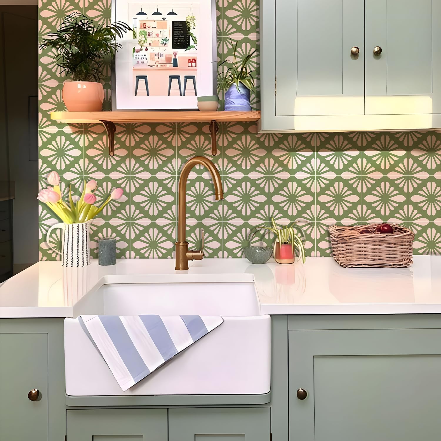 Opakowanie 25 samoprzylepnych zielonych naklejek na płytki, 20 cm/8 cali, do przyklejania na płytki, kolor zielony