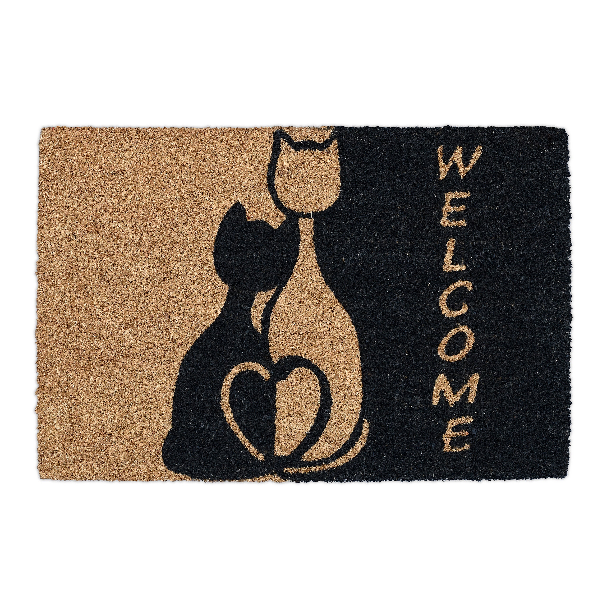 Relaxdays felpudo fibras de coco, 60x40cm, alfombrilla puerta entrada, gatos románticos, antideslizante, natural y negro