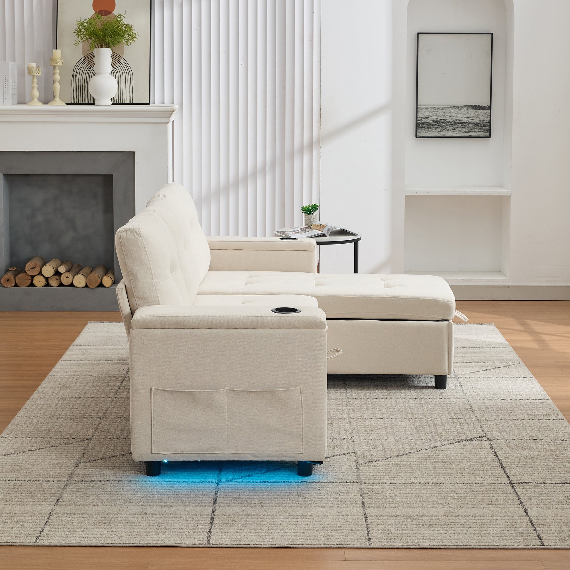 Sofa narożna 3-osobowa z funkcją spania - 208 x 146 x 89,5 cm - Diody LED i gniazdo ładowania - Wyściółka z włókniny i pianki - Beżowa - 9