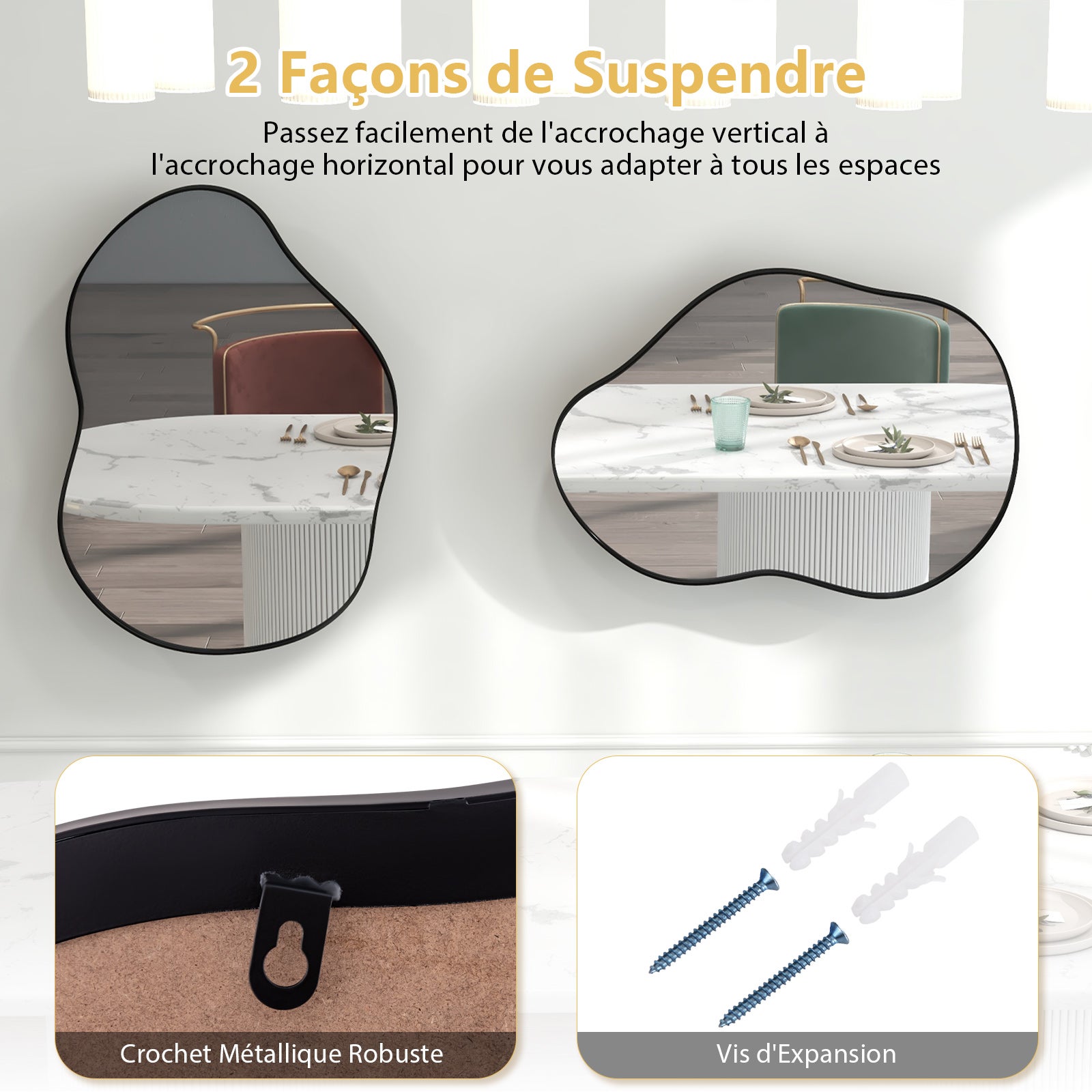 Nieregularne lustro ścienne, asymetryczne lustro, oprawione lustro wiszące, dekoracyjne do korytarza, łazienki, sypialni (czarne, 78 x 56 cm) - 2