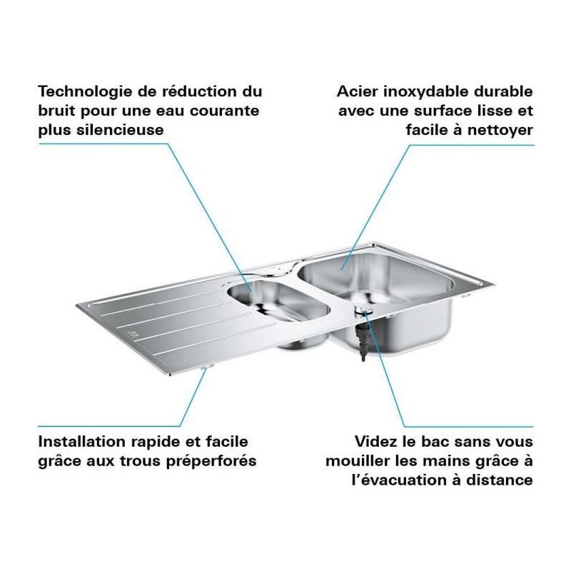 Évier K200 GROHE 31564SD1 1 bac + 1/2 bac + 1 égouttoir - inox - 4