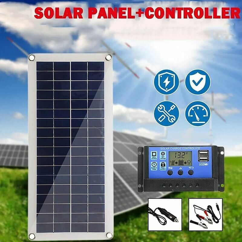 Panel solar de 30W 12V, kit de panel solar, kit de cargador de batería con controlador de carga solar de 20A, exterior, jardín - 2
