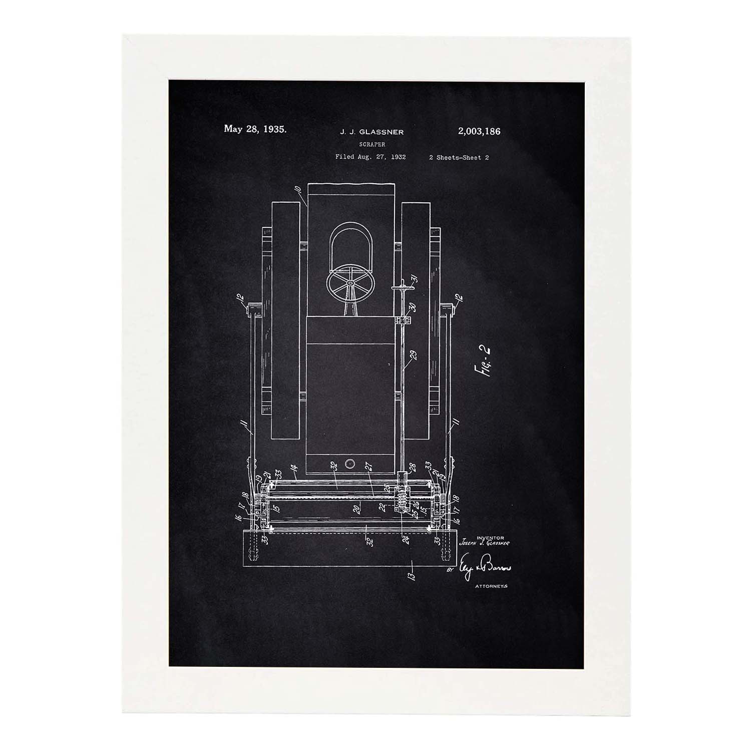 Poster con patente de camion raspador 2. lámina con diseño de patente antigua marco negro - a4