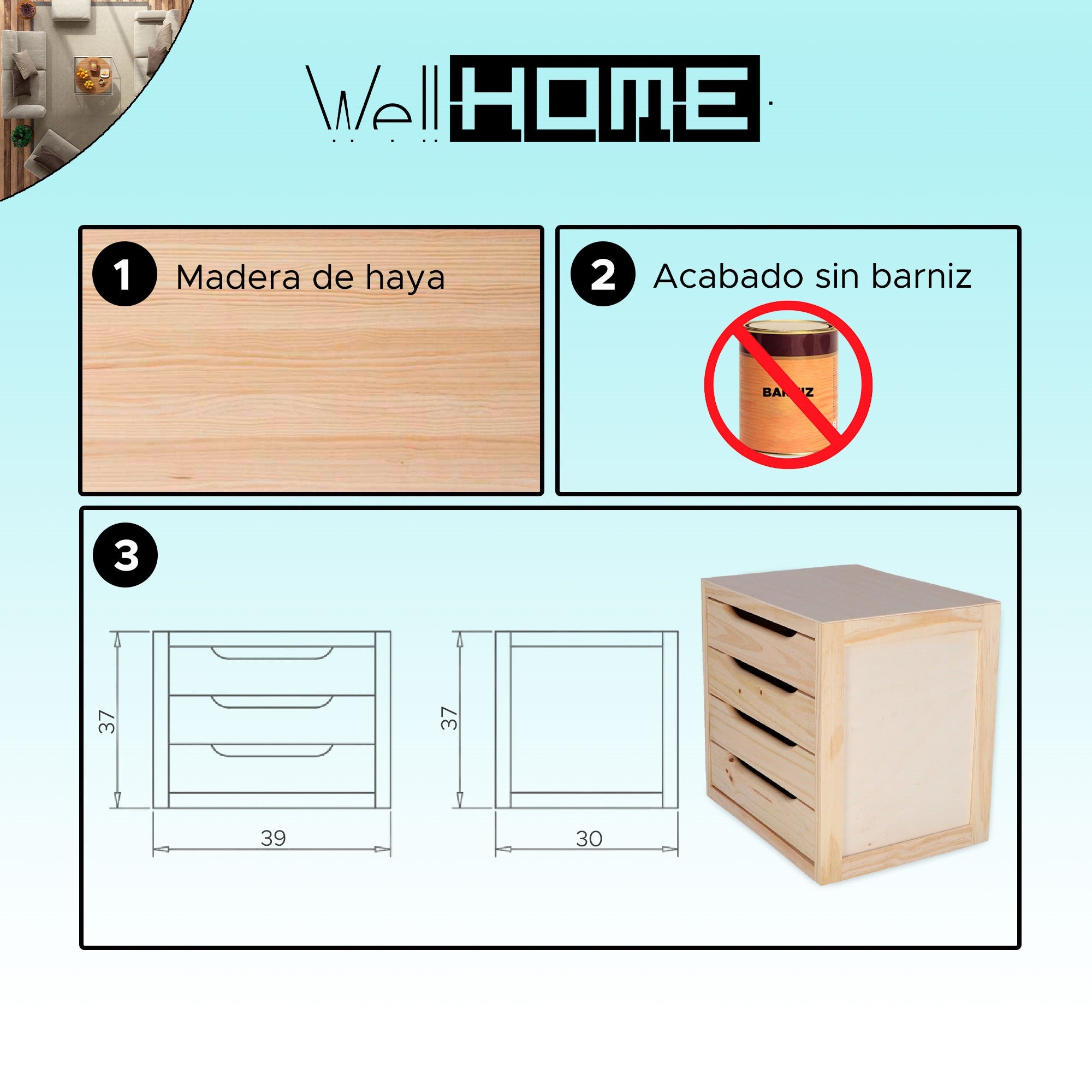 WELL HOME MOBILIARIO & DECORACIÓN Commode 4 tiroirs finition sans vernis - 2