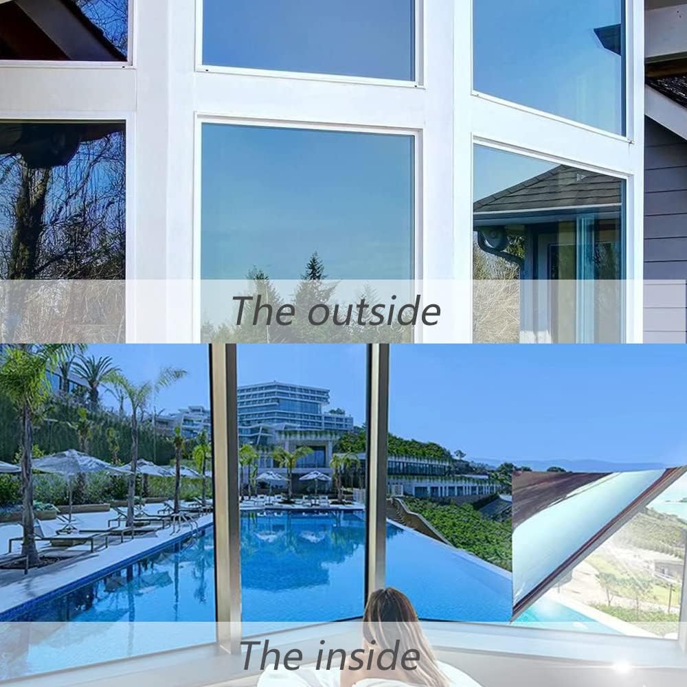 Película para vidros, película espelhada autocolante, ecrã de privacidade e película de proteção solar, 99% de proteção UV, azul prateado, 50 x 200 cm - 6