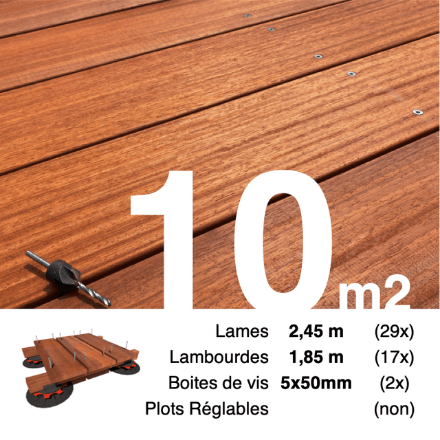 Kit terrasse bois exotique PADOUK pour 10 m² • Lames 2,45 m, lambourdes 1,85 m et visserie Inox • Livraison gratuite
