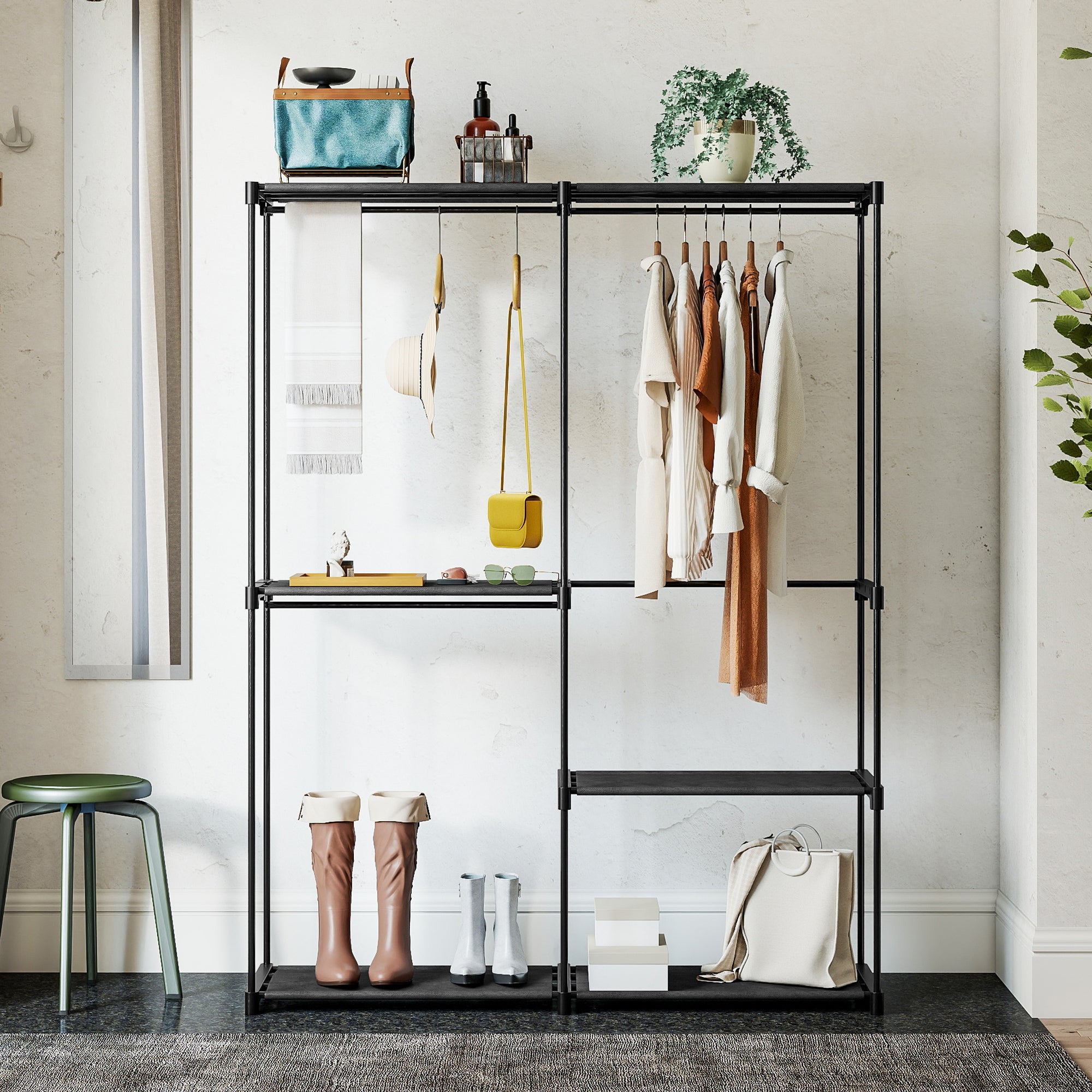 Tragbarer Kleiderständer,Metallrahmen,Stoffregale,viel Platz,Schwarz - 5
