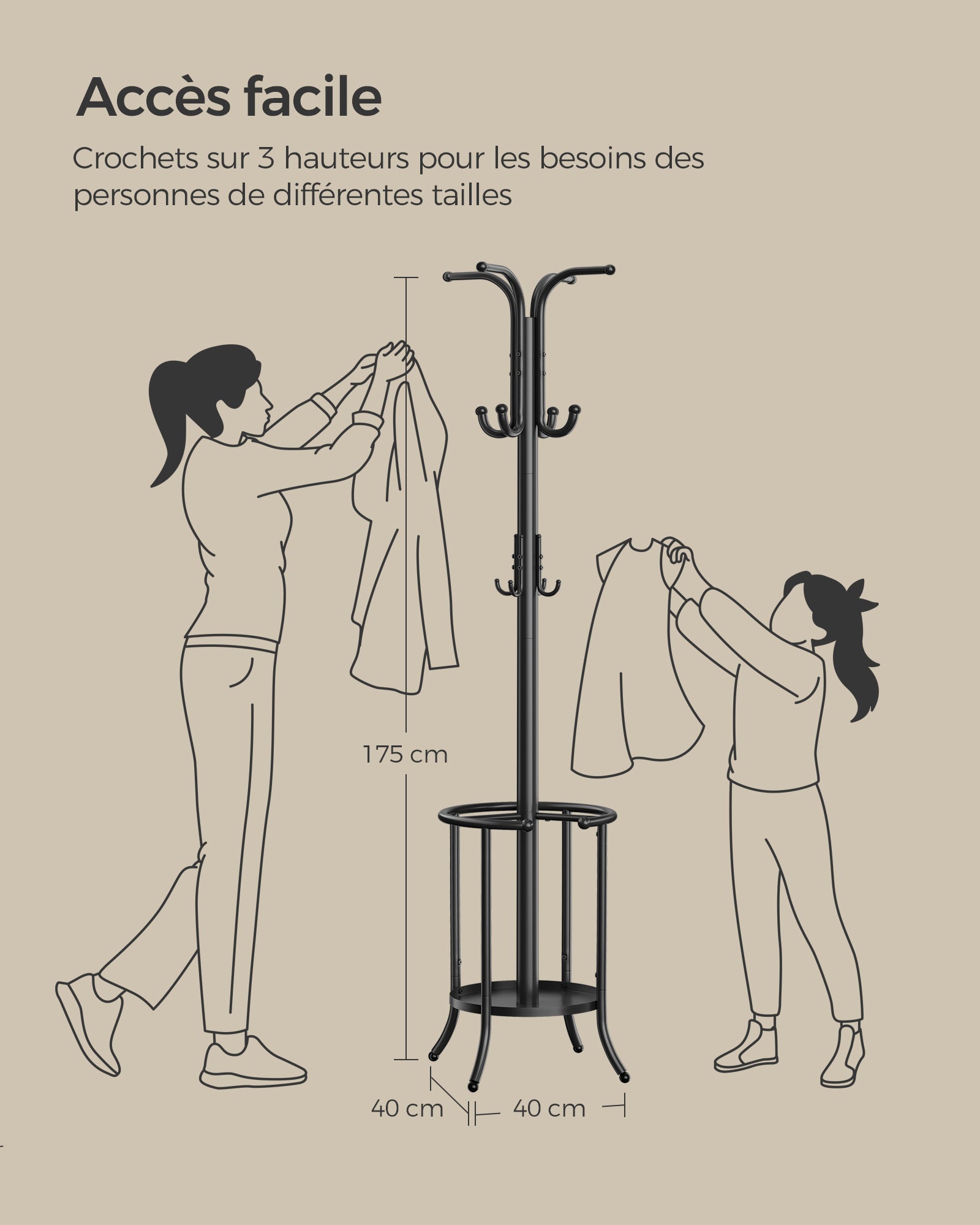 Porte-manteau, Portant à Vêtements avec Porte-parapluie, 12 Crochets, Structure Métallique, Hauteur 175 cm, pour Entrée, Salon, Chambre, Noir d'Encre - 5