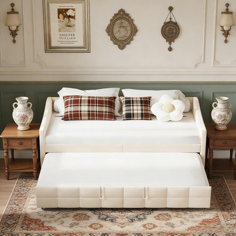 Canapé Lit 2 Places Convertible 90x200 cm, Lit Gigogne 2 Places avec Sommier à Lattes, Lit Banquette pour Salon Chambre, Velours, Beige - 5