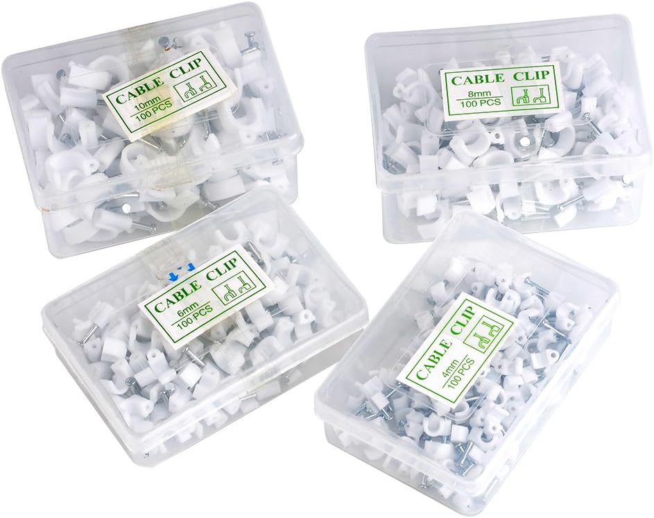 Zestaw 400 klipsów do paznokci - Klipsy okrągłe do kabli i przewodów o średnicy 4 mm, 6 mm, 8 mm i 10 mm (białe) - 5