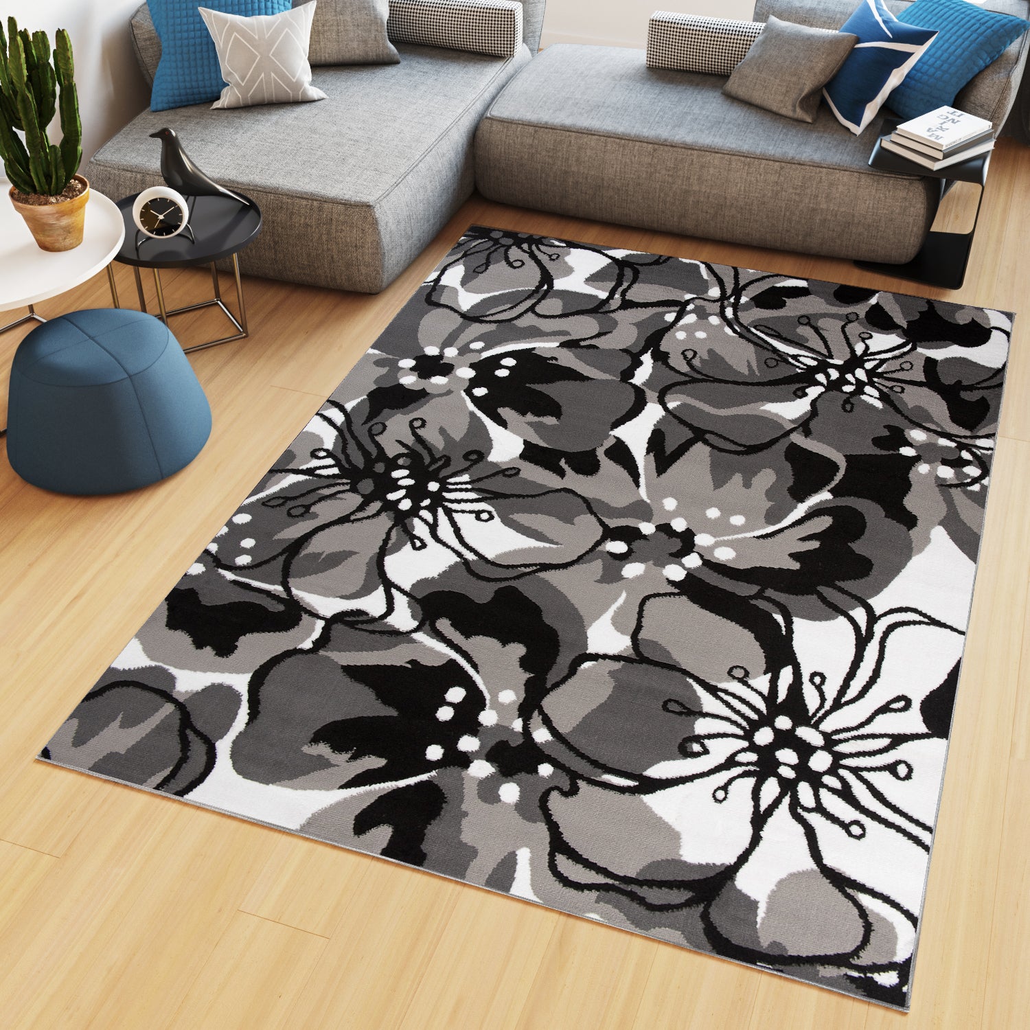 Tapiso maya alfombra de salón sala comedor diseño moderno gris negro blanco flores hojas delgada blanda 250 x 300 cm