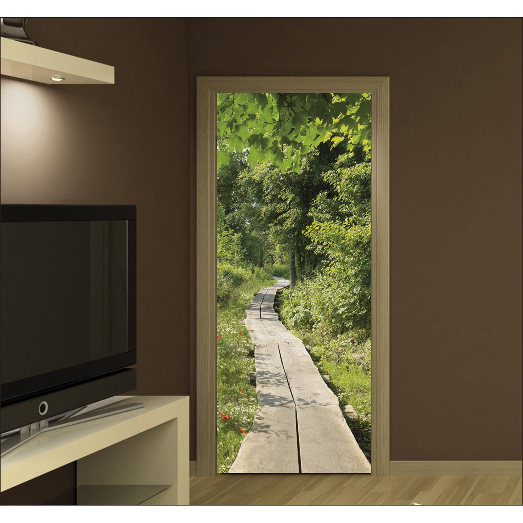 Vinilo para puerta, trampantojo, paseo por el bosque, pasarela de madera, vegetación y flores, 204 cm x 60 cm