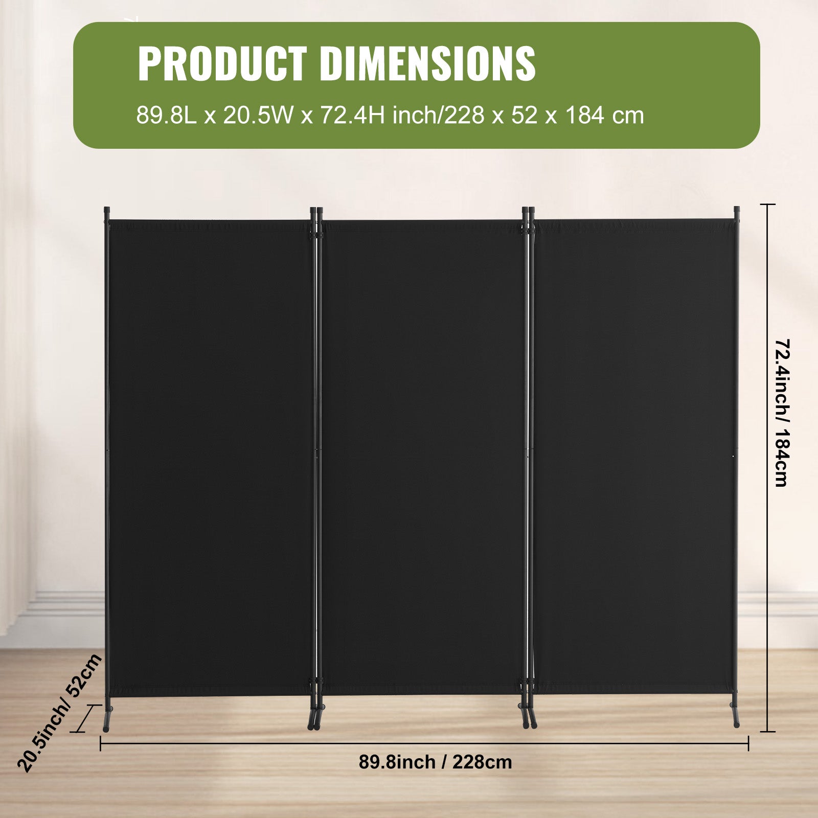 Cloison de séparation VEVOR, tissu, 3 panneaux pliable, 228×52×184 cm, autoportant, pour bureau/chambre/salle à manger intérieur, noir - 7