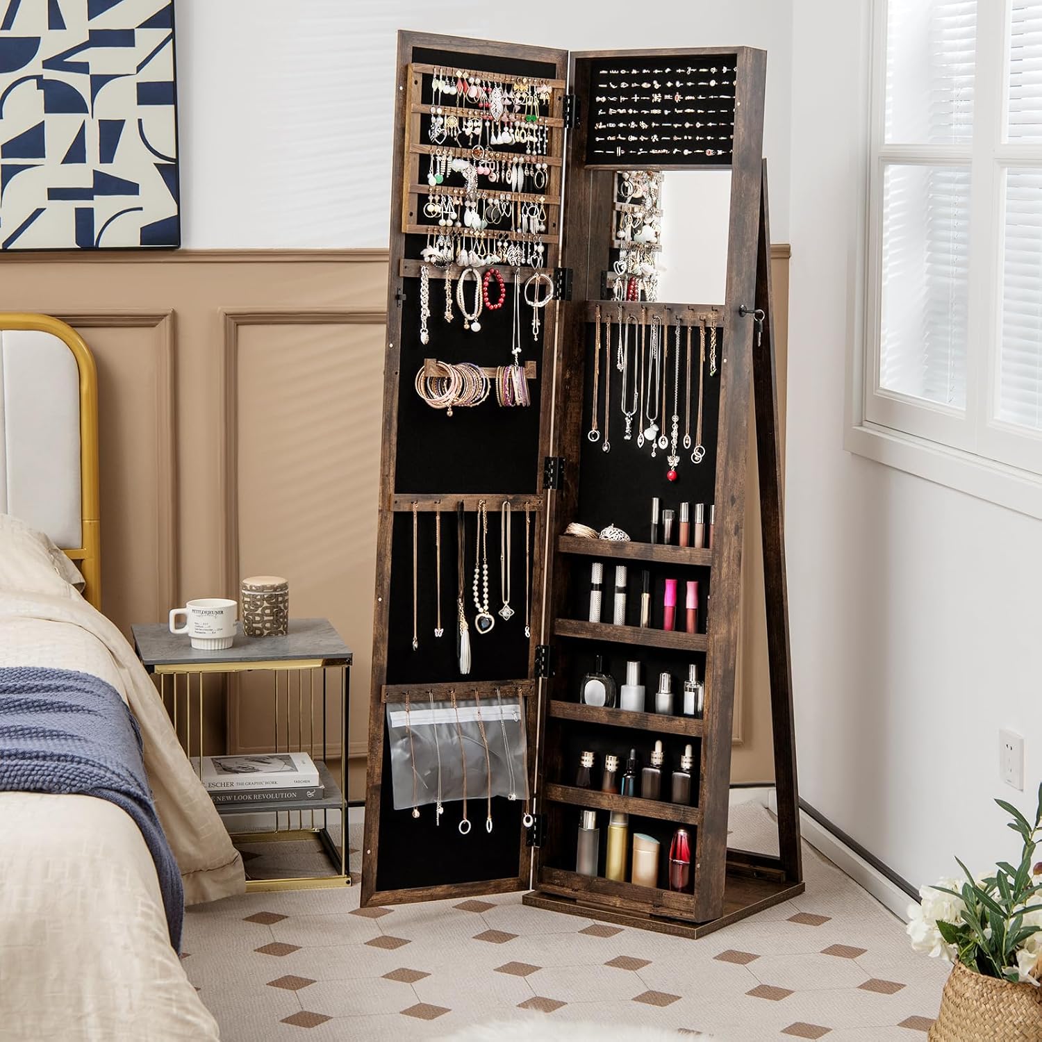 Specchio Portagioie da Terra, Armadietto Portagioie con Specchio a Figura Intera e Specchio Interno, con Serratura, per Collane Orecchini Anel - 4