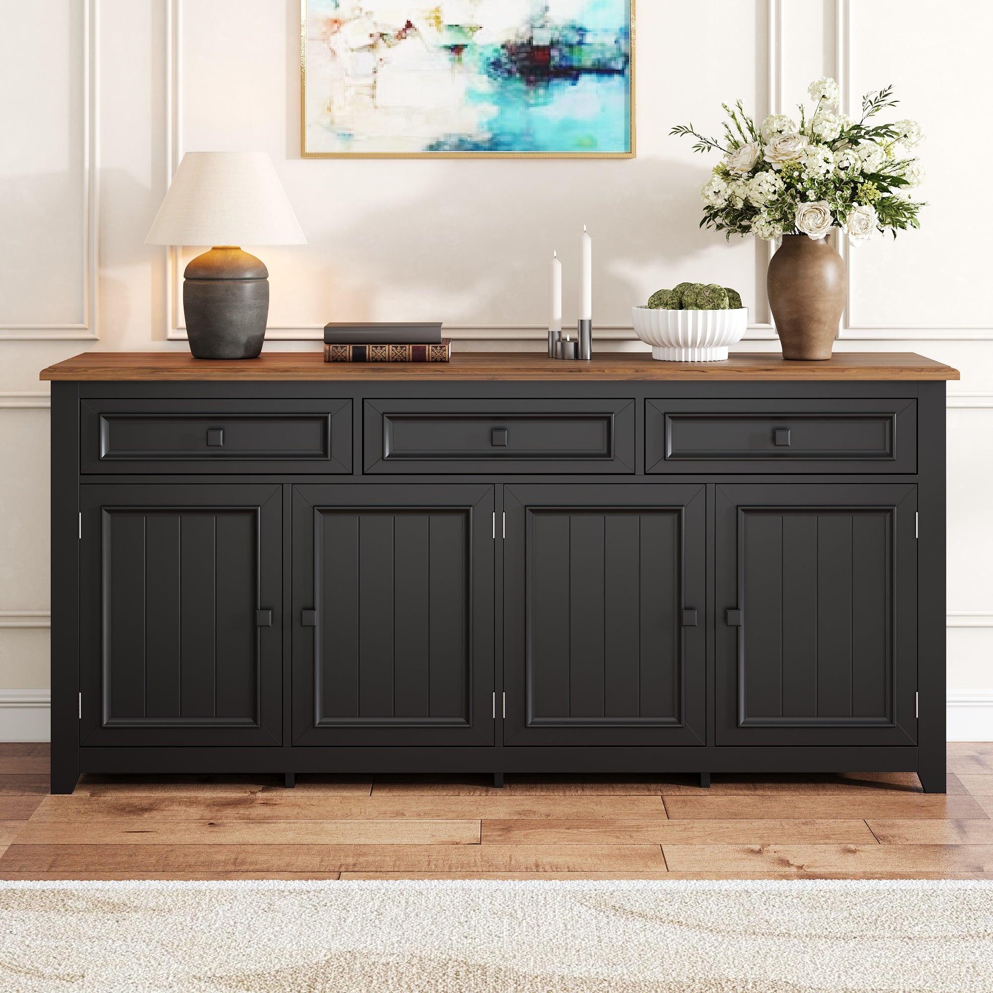 Nowoczesna komoda z 3 drzwiami i 2 szufladami - 160 x 35 x 76 cm - MDF - do salonu, kuchni - czarna
