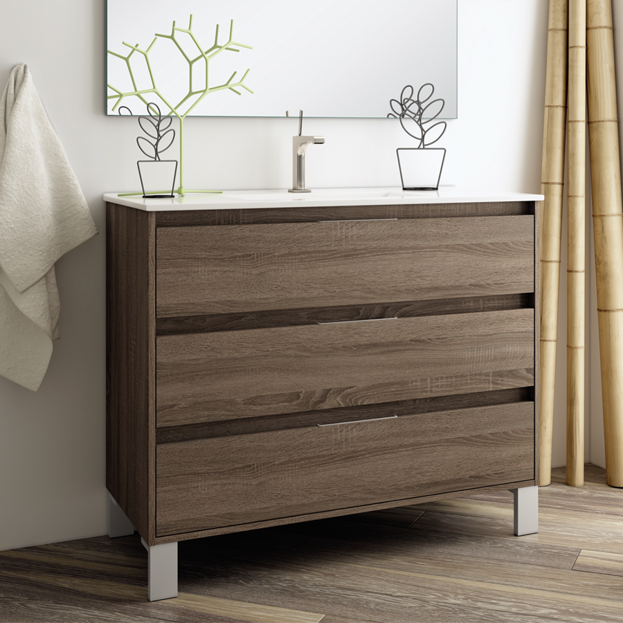Ensemble meuble de salle de bain 80cm simple vasque + colonne de rangement TIRIS - britannia (chêne foncé) - 3