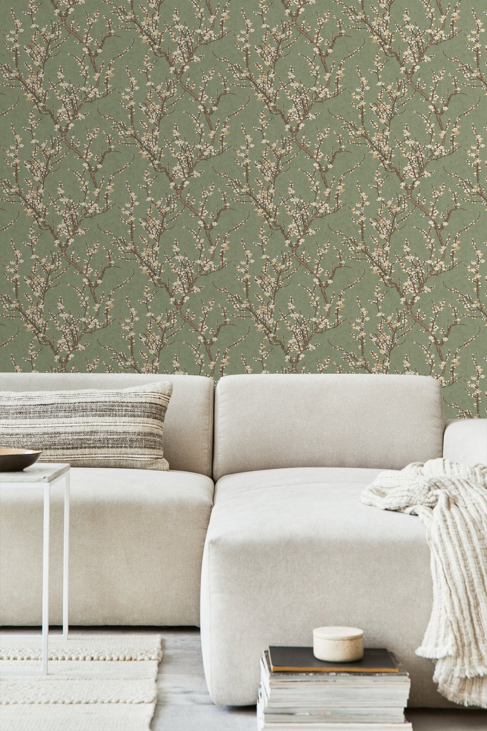 Carta da parati fiori verde oliva grigiastro e bianco - 53 cm x 10 m - Sanders & Sanders - 2