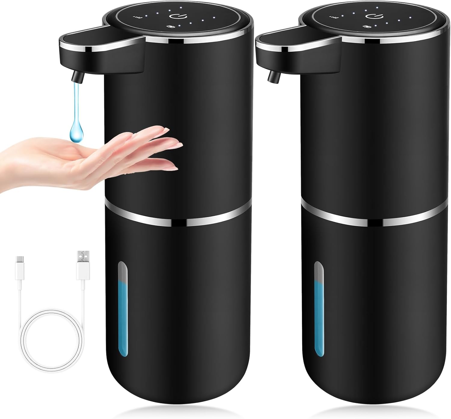 Zestaw 2 automatycznych bezdotykowych dozowników mydła w płynie - ładowanych przez USB - 380 ml - do łazienki, kuchni, naczyń - czarny
