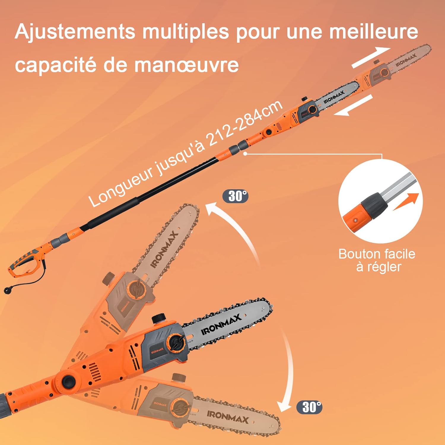 Motosega Elettrica con Asta Telescopica, Testa Regolabile, Barra e Catena, Lubrificazione Automatica, Regolazione della Tensione Senza Attrezzi, - 3