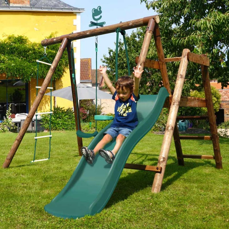 Portique en bois rond 3 agrès avec face à face, échelle et toboggan bas MÛRIER - 3