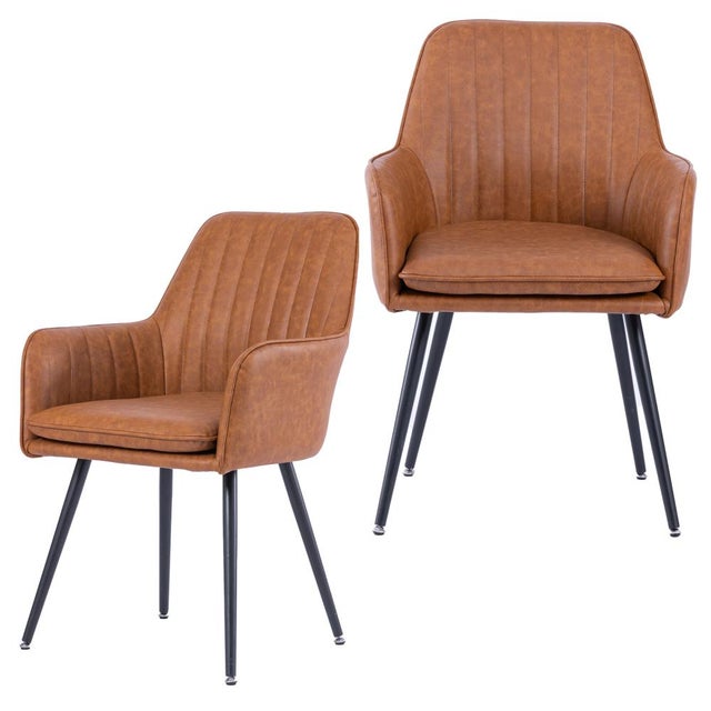Chaise de salle à manger en cuir marron avec accoudoirs, pieds en métal noir, mousse mémoire, design moderne, lot de 2, idéale salon cuisine
