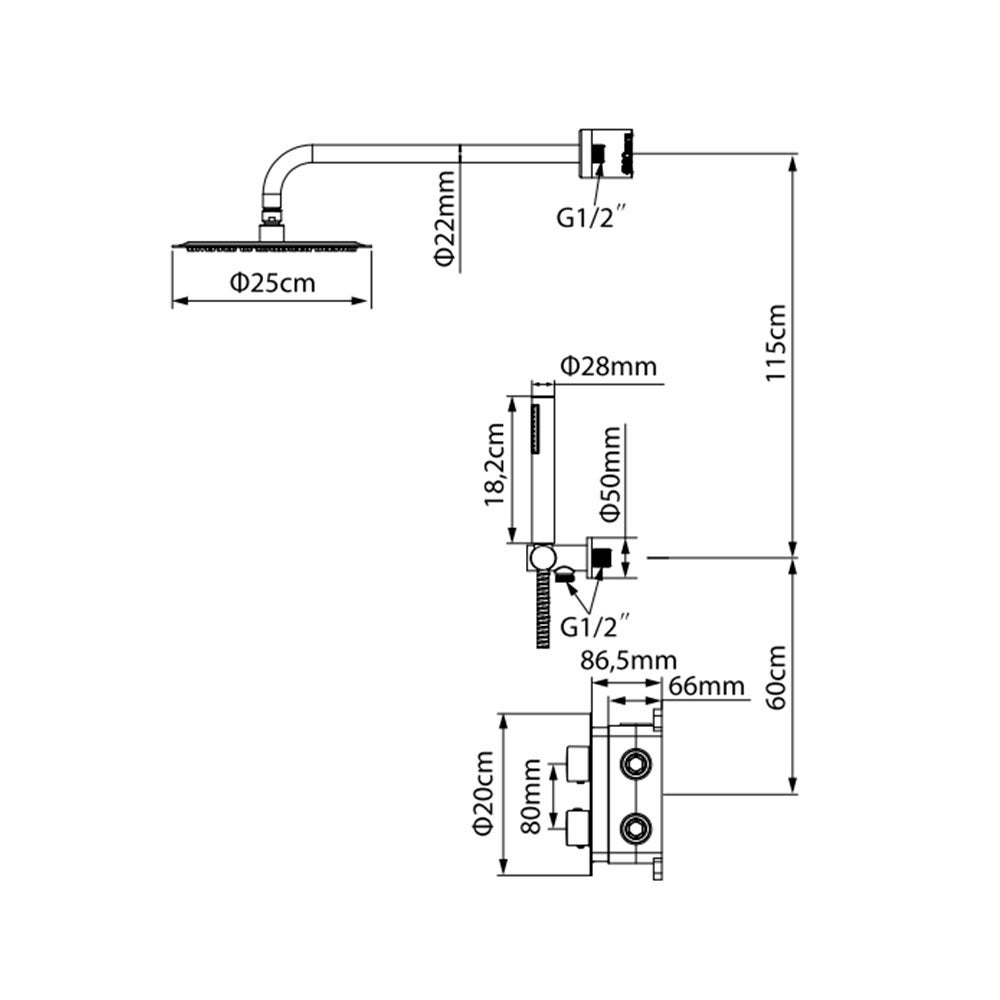 Conjunto Ducha Termostatico Empotrado Duich Cromo acabado cromo, cartucho cerámico, material inoxidable AISI 304, grifería de baño moderna - 5