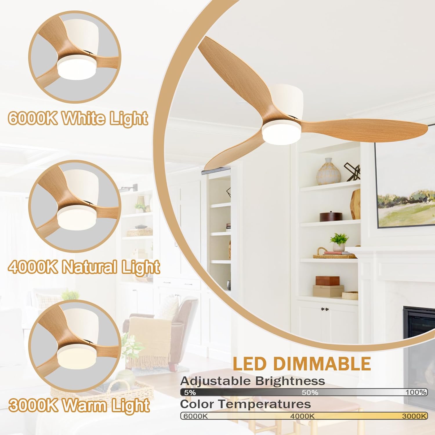 Ventilateurs de plafond de 42 pouces avec éclairage pour chambre à coucher, ventilateur à profil bas avec télécommande et pales Chêne réversibles - 3