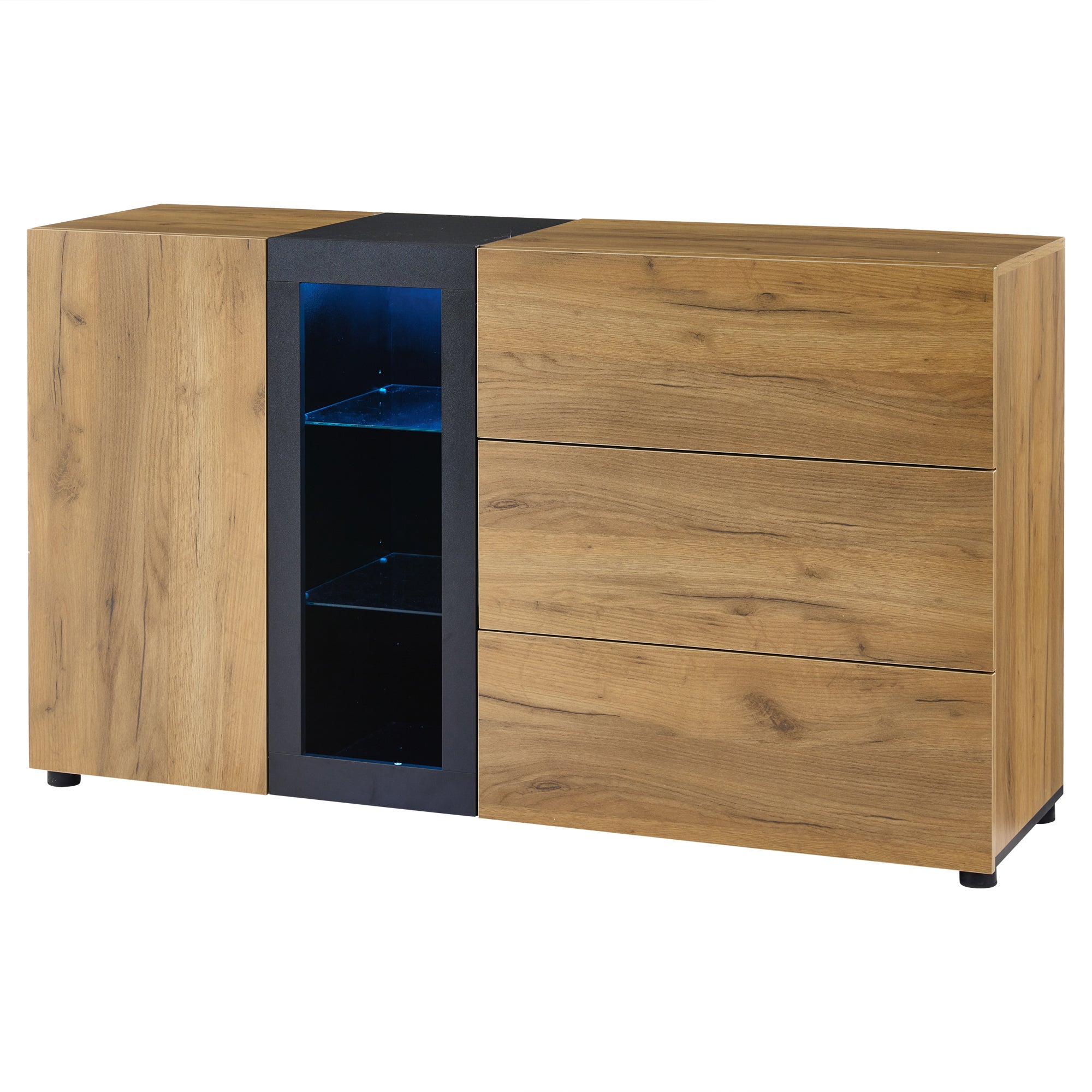 Buffet bas avec 3 tiroirs, commode - 140 x 40 x 80 cm - LEDs - Panneau de particules - Marron + Noir - 3