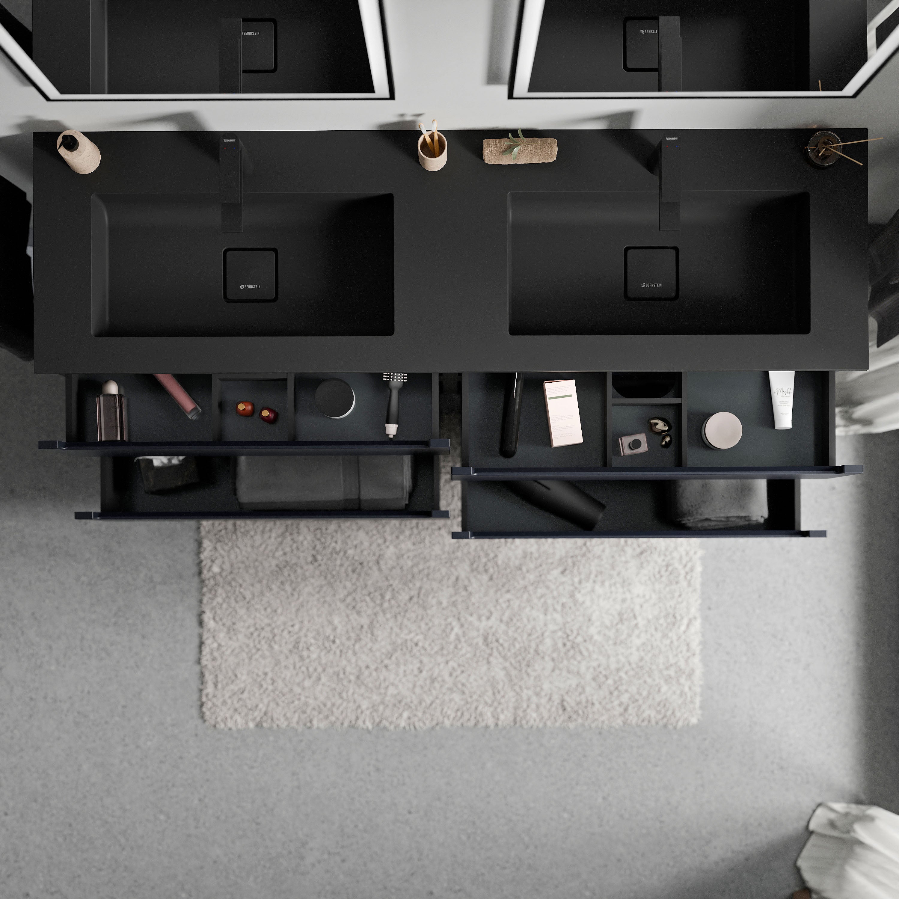 BERNSTEIN - Meuble double vasque suspendu MDF Bleu nuit mat, lavabos fonte Noir mat + trous robinet, tiroirs pivotants - 160x46x62cm - VIREO - 3