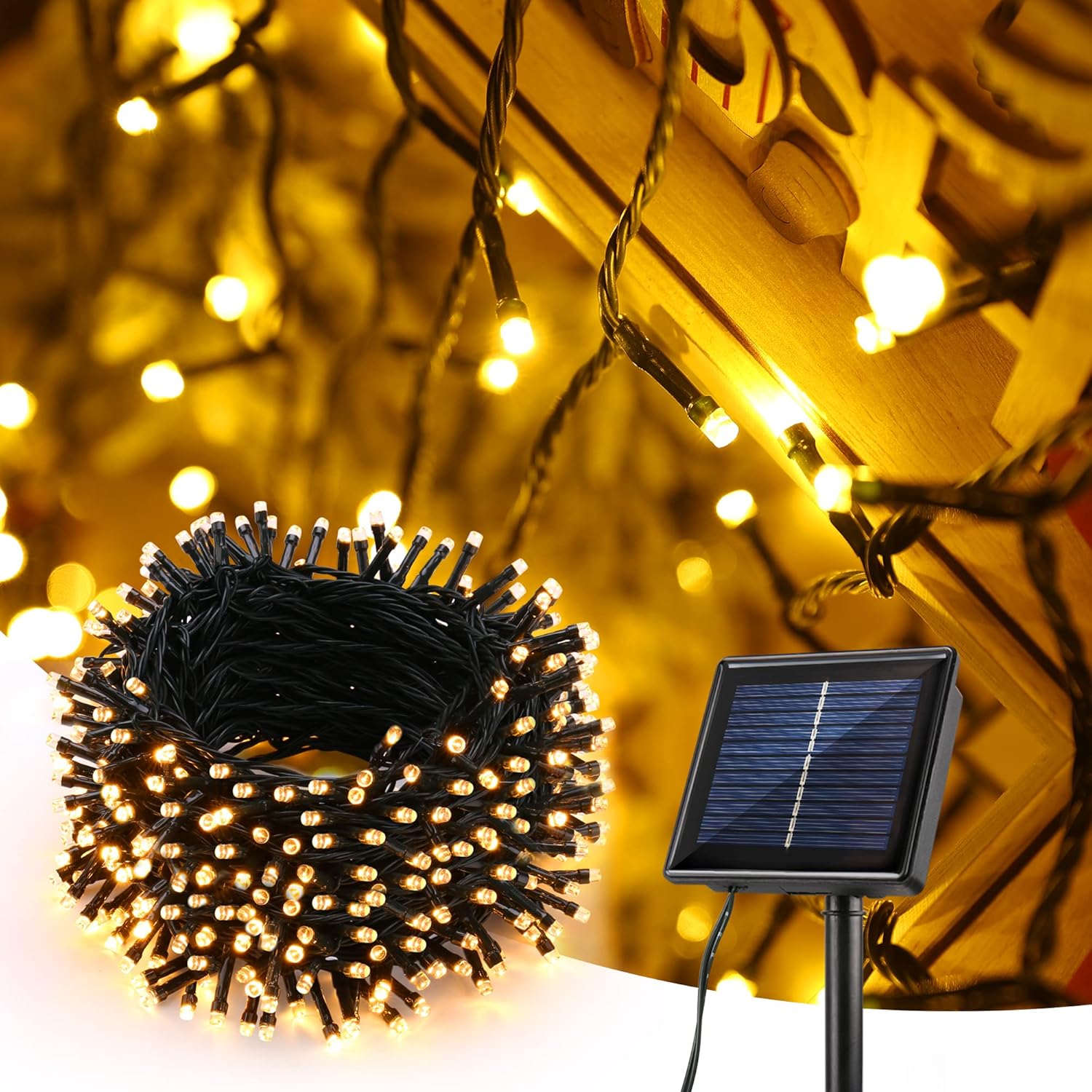 Lampki solarne zewnętrzne, 32 m, 300 diod LED, wodoodporne, idealne do ogrodów i tarasów, ciepła biel