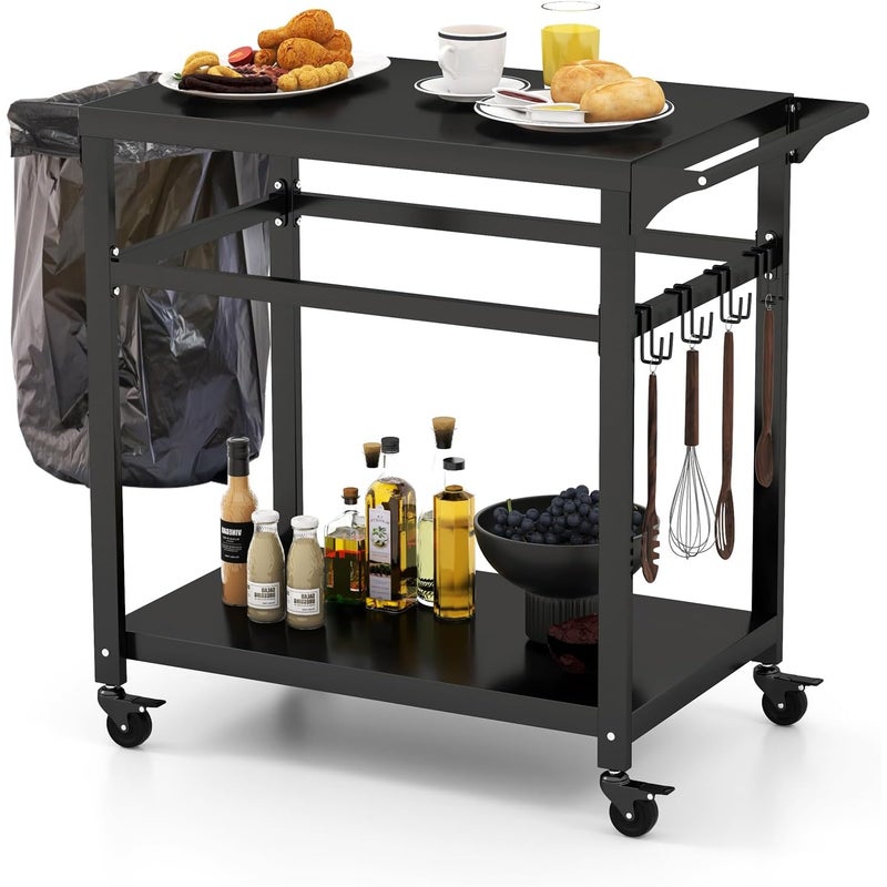 Wózek Ogrodowy, Wózek do Grilla z 4 Blokowanymi Kółkami, Patelnia z 4 Haczykami i Regały, 108 x 50,5 x 88 cm, Nośność 50 kg