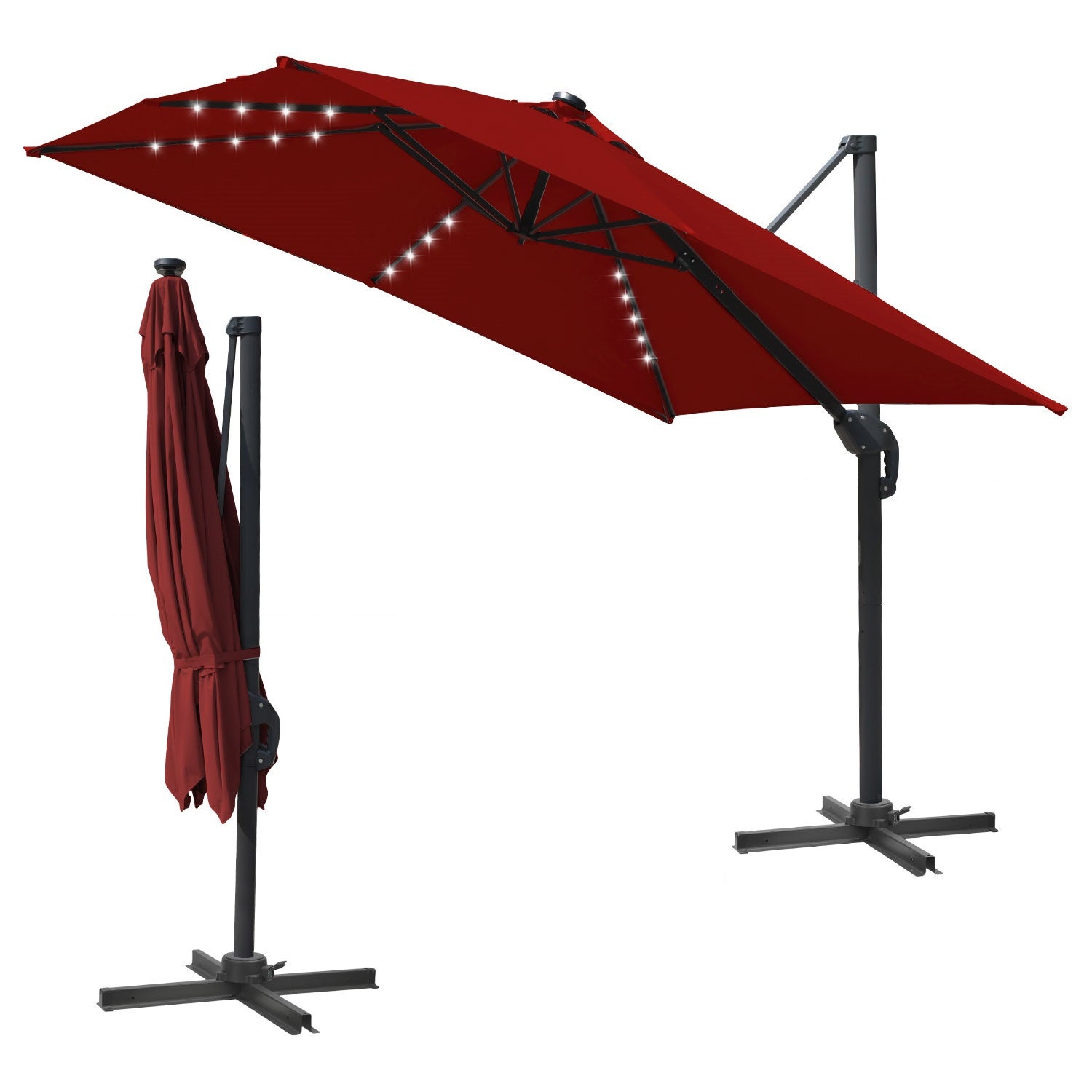 Składany parasol 3 x 3 m, podstawa obrotowa 360°, ochrona UV 50+, dioda LED, czerwony