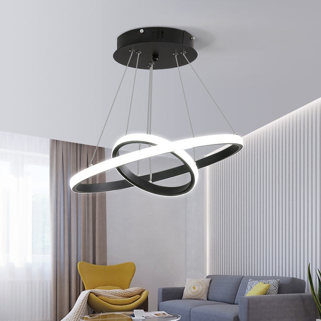 GOECO Suspension Luminaire - Lustre LED Moderne pour Salon Salle à Manger - 32W Lumière blanche 6500K, Lampe de Lustre 2 anneaux - Noir - Ø.20+40cm
