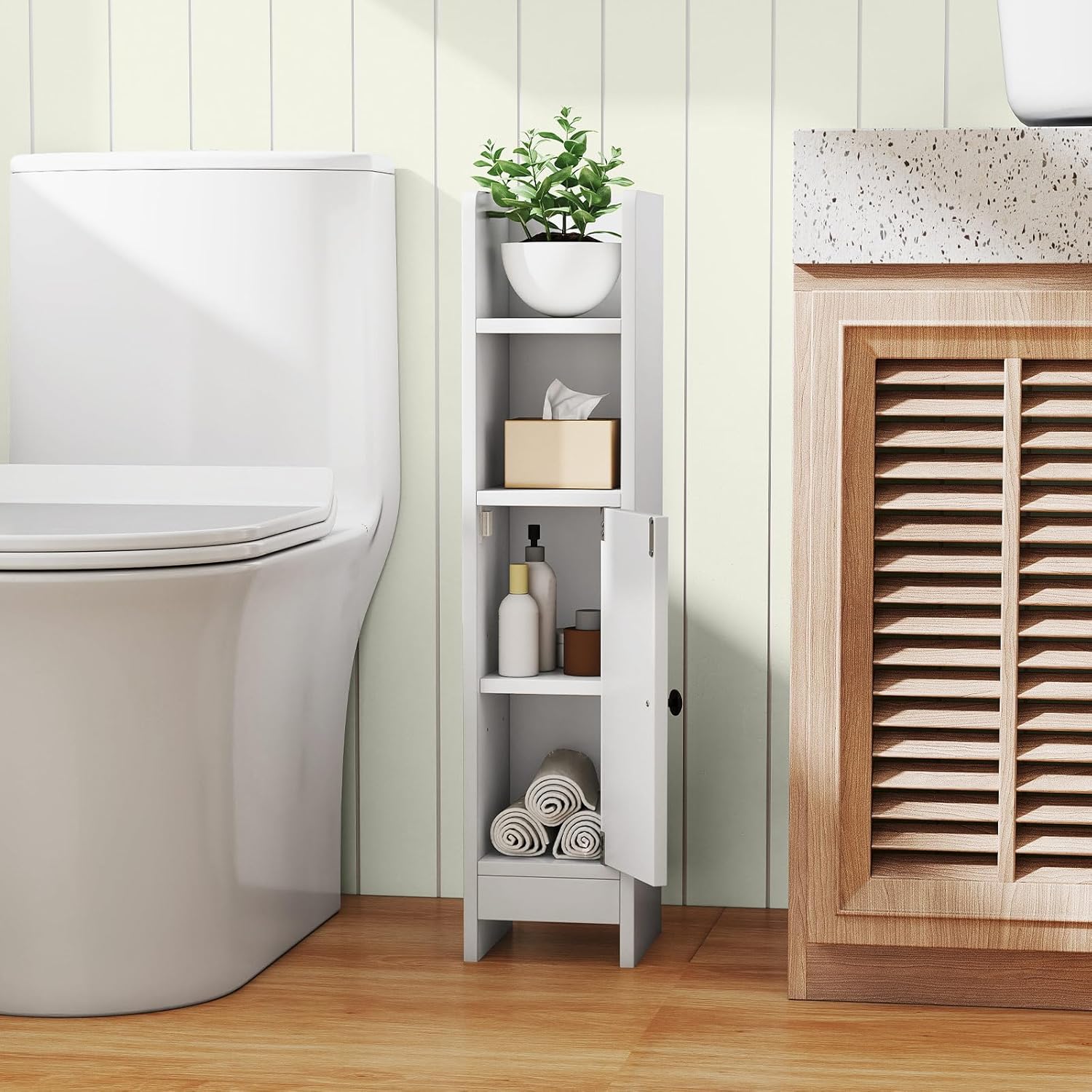 LIFEZEAL Armoire de Rangement Salle de Bain Étroite, avec Porte Fermée et Étagères Réglables, Meuble de Rangement pour Salle de Bain，Blanc - 2