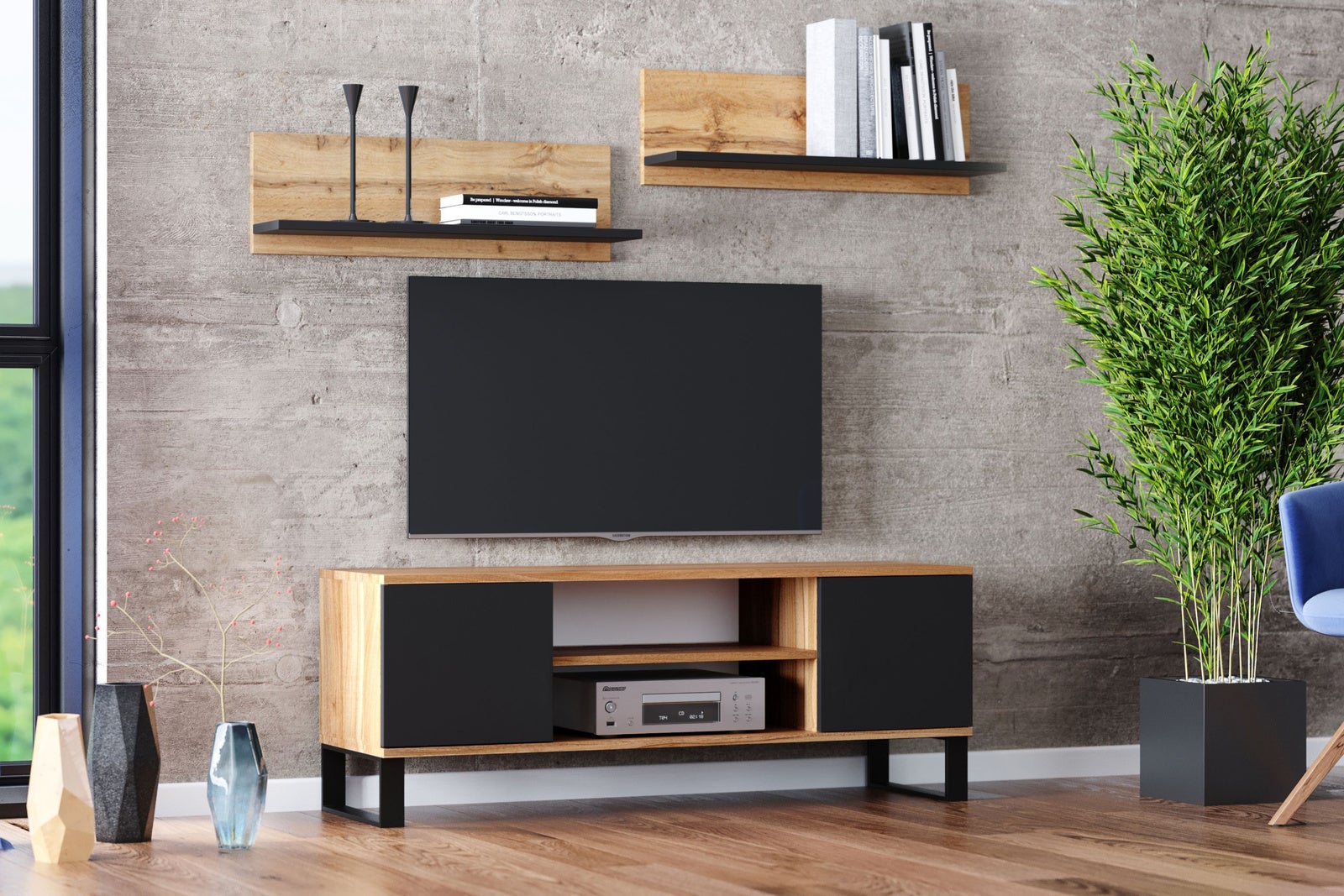 Szafka RTV 135 cm dąb Loft Craft / czarna – Styl skandynawski, środkowa półka, szafki z zamkiem i metalowe nóżki, 135x50x40 cm