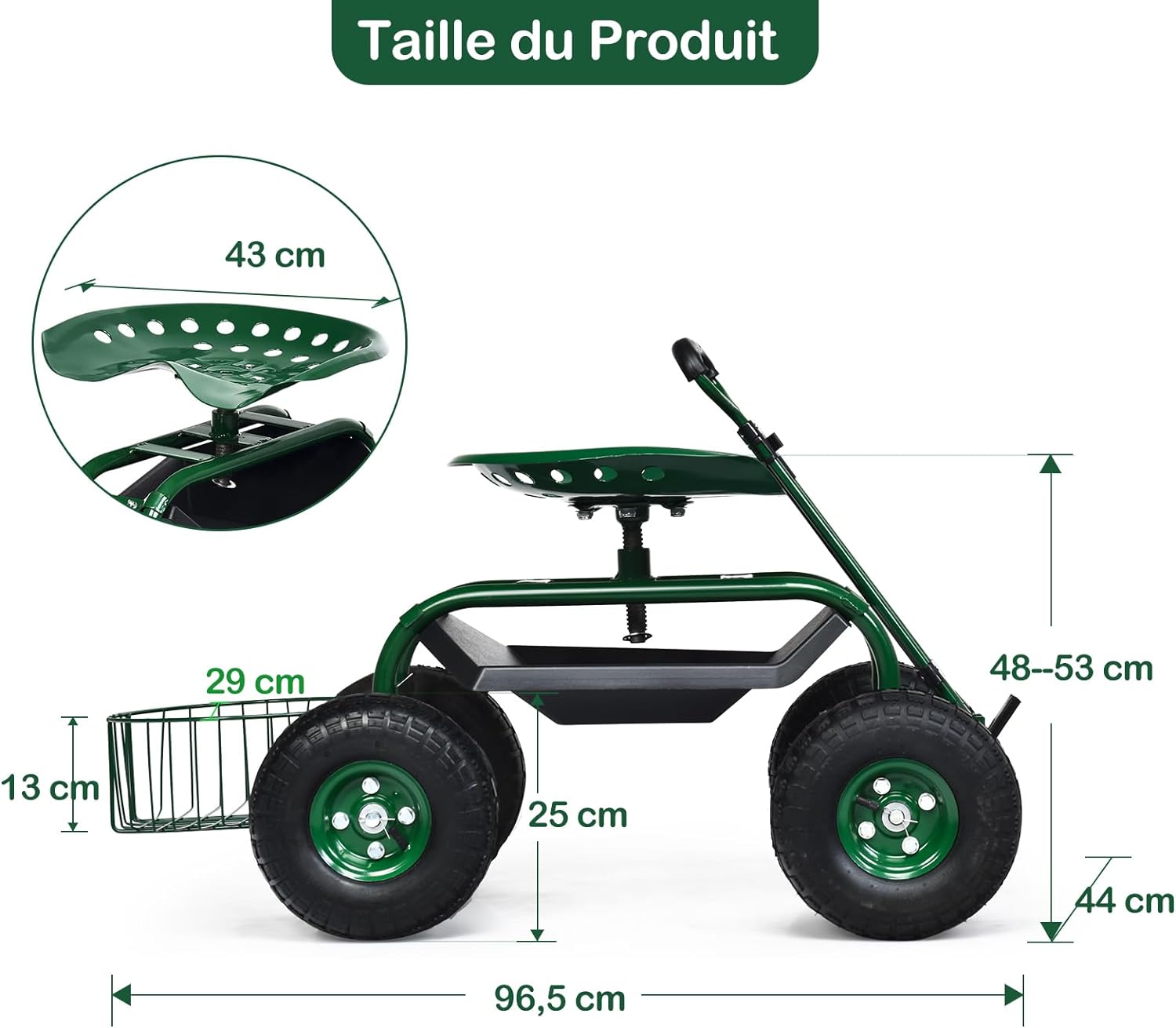 GOPLUS Siège Jardin Roulant 360° Hauteur Réglable – 2 Plateaux + Panier + Poignée – Vert