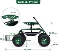 GOPLUS Siège Jardin Roulant 360° Hauteur Réglable – 2 Plateaux + Panier + Poignée – Vert