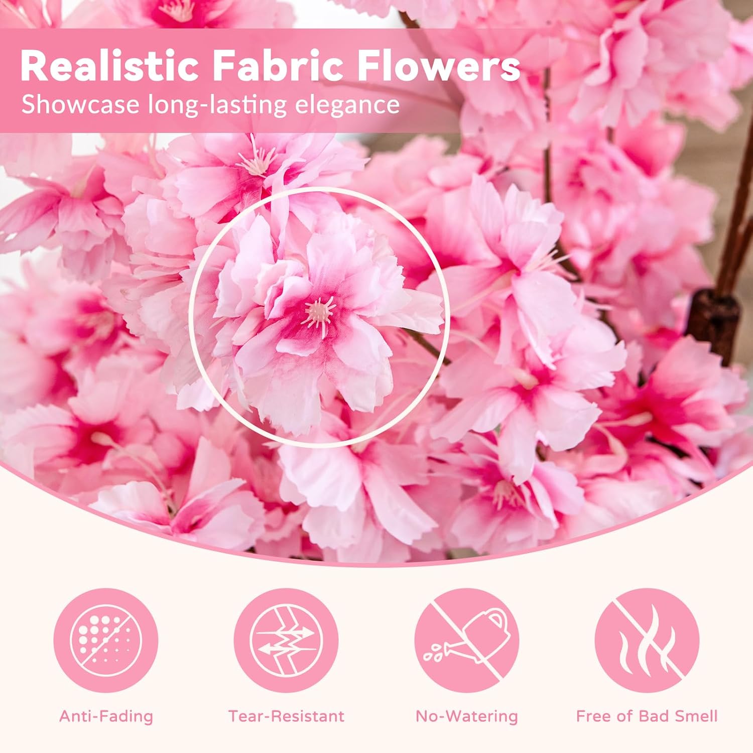 Árvore artificial de cerejeira, altura 118 cm, planta Sakura com 96 flores cor-de-rosa, vaso revestido com cimento, tronco com veios realistas - 3