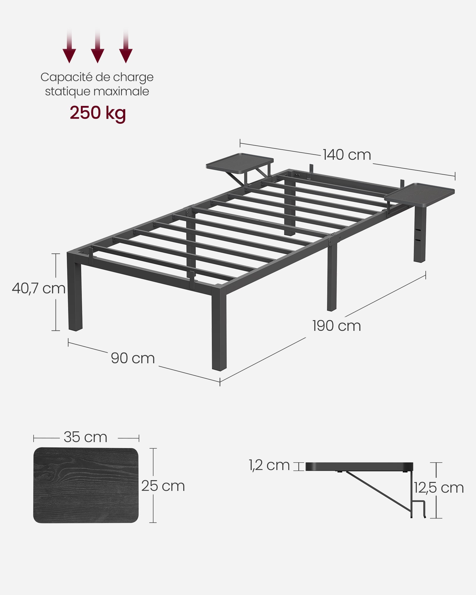 Lit 90 x 190 cm, Cadre de Lit en Métal avec Étagères de Rangement, Noir Classique - 5