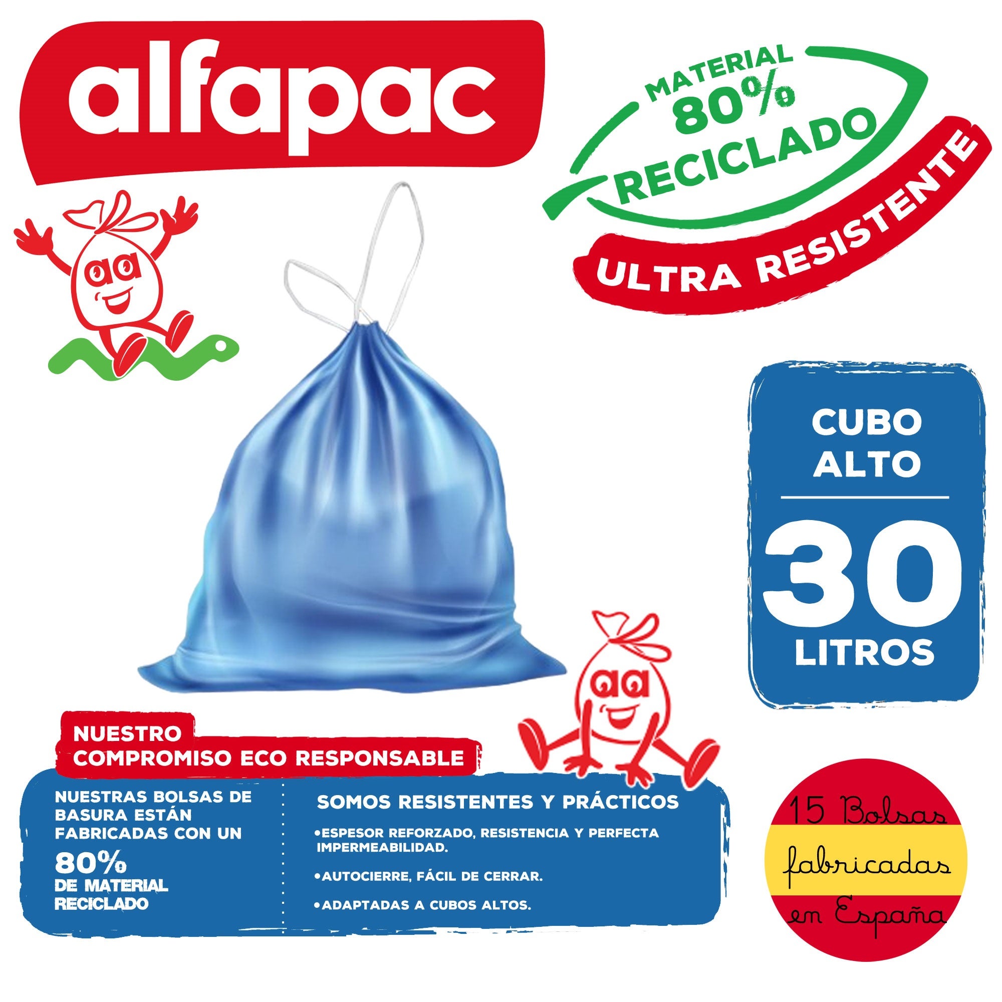 ALFAPAC Sacs poubelle 15u 'Seau haut' 50x75cm 30L auto-obturant - 2