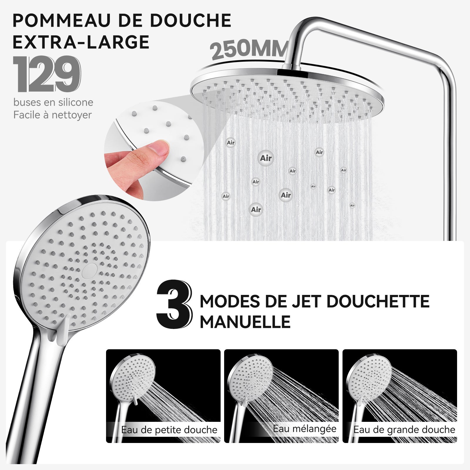 Lot 20 Colonnes Douche Chromées,Thermostatiques,avec Pommeau Douche 3 Jets,Douche Tête 25 x 25 cm,Hauteur Réglable,Ensemble Douche Salle Bain,Rond - 8