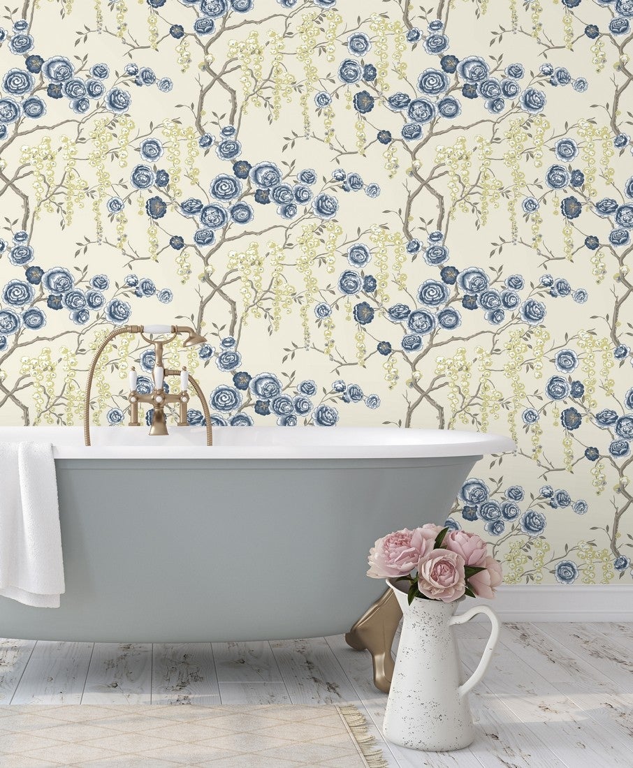 Papel pintado vinílico ecológico rosas azules y amarillas fondo claro - olivia bloom 679678 de gaulan - rollo de 10 m x 0,53 m