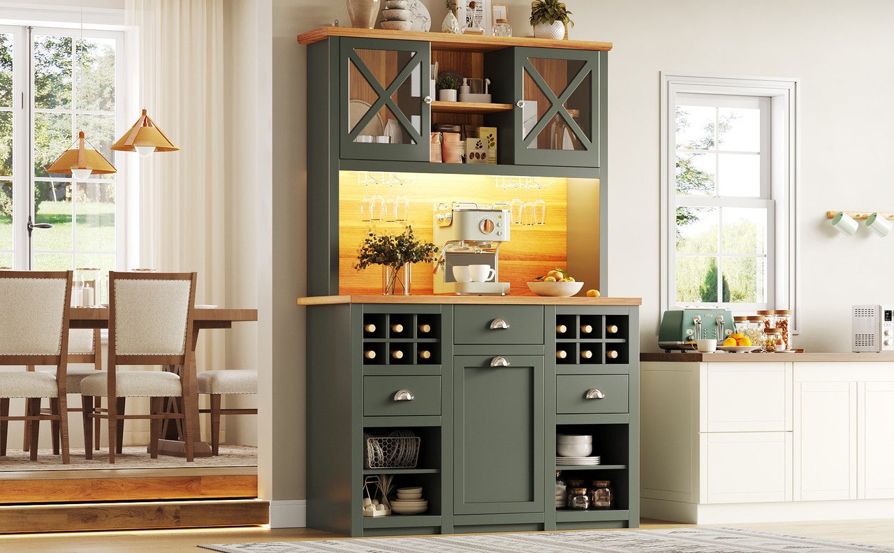 Buffet de Cuisine Haut avec LED et Portes Vitrées, Armoire de Rangement 120x45x188 cm, Meuble de Rangeement avec Prise et USB, Casier à Vin, Vert - 4