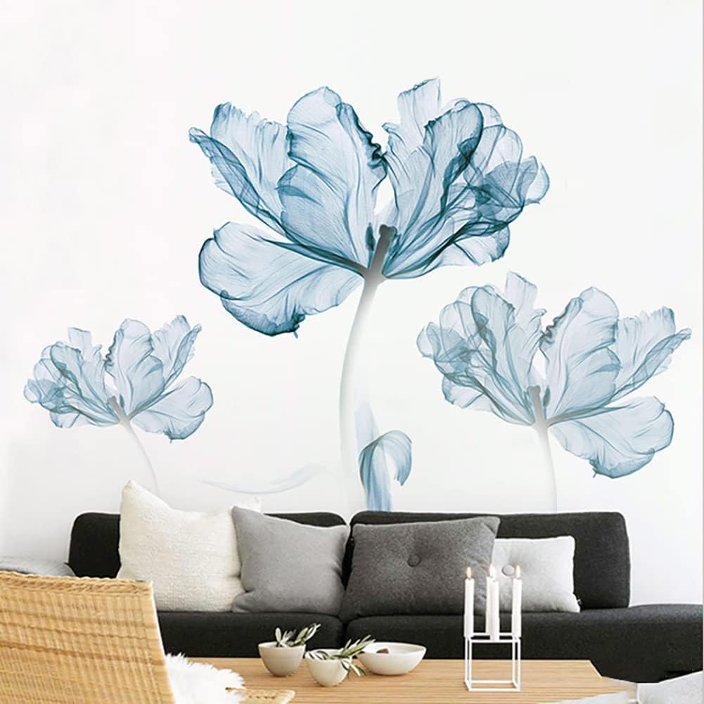 Stickers muraux floraux, grands stickers muraux floraux bleus à l'aquarelle, adaptés à la décoration des salons, salles de bains et chambres - 2